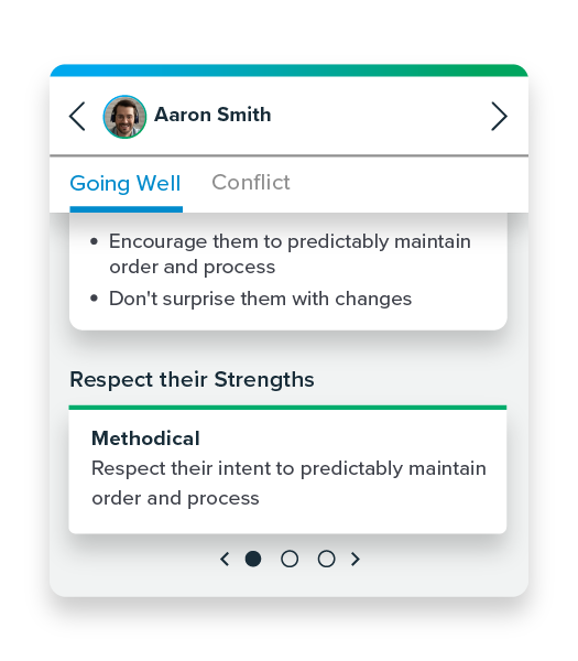 View of Aaron Smith's MVS profile showing his top strengths is methodical.