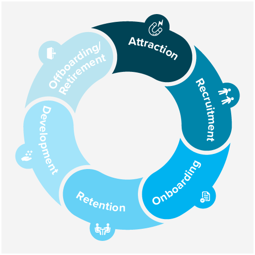 6 Stages of the employee life cycle: Attraction, Recruitment, Onboarding, Retention, Development, Offboarding/Retirement