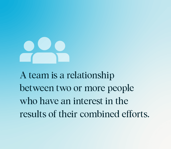 A team is a relationship between two or more people who have an interest in the results of their combined efforts.  